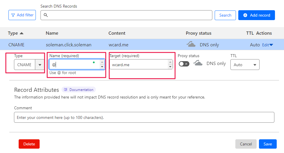 Image highlighting the type name and target option under DNS management